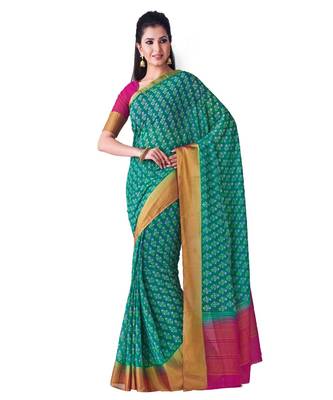 Teal Printed Chiffon Saree With Blouse 1