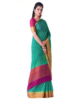 Teal Printed Chiffon Saree With Blouse 2