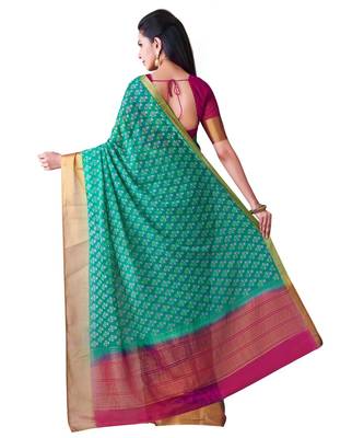 Teal Printed Chiffon Saree With Blouse 3