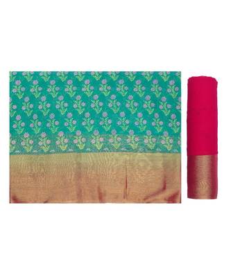 Teal Printed Chiffon Saree With Blouse 5