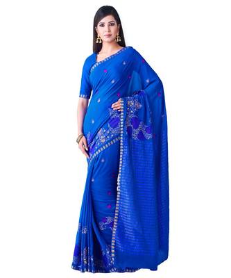 Blue Embroidered Chiffon Saree With Blouse 1