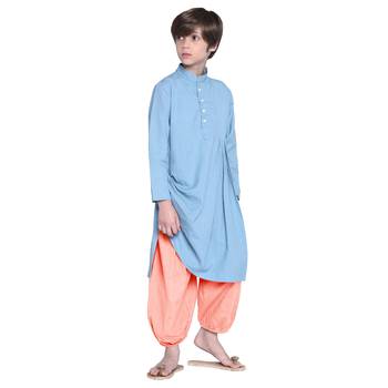 Blue Plain Cotton Boys Kurta Pyjama 1