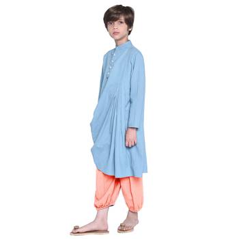 Blue Plain Cotton Boys Kurta Pyjama 3