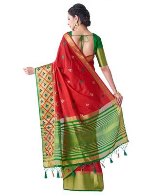 Red Embroidered Tussar Silk Saree With Blouse 3