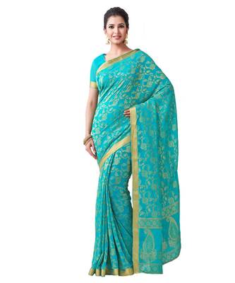 Turquoise Woven Chiffon Saree With Blouse 1