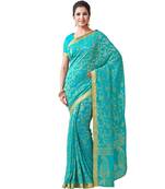 Turquoise Woven Chiffon Saree With Blouse