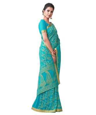 Turquoise Woven Chiffon Saree With Blouse 2