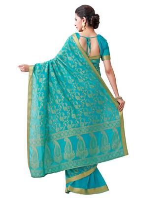 Turquoise Woven Chiffon Saree With Blouse 3