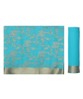 Turquoise Woven Chiffon Saree With Blouse 5