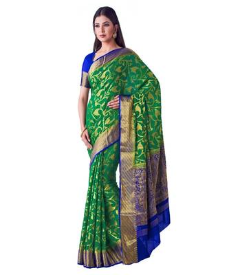 Green Woven Chiffon Saree With Blouse 1