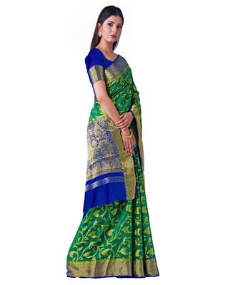 Green Woven Chiffon Saree With Blouse 2