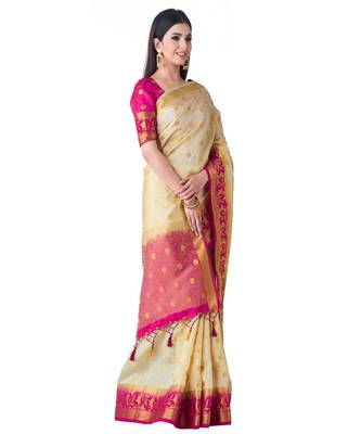 Beige Woven Art Silk Saree With Blouse 2