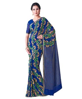 Blue Printed Chiffon Saree With Blouse 1