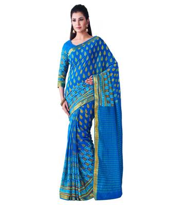 Blue Printed Chiffon Saree With Blouse 1