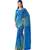 Blue Printed Chiffon Saree With Blouse