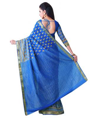 Blue Printed Chiffon Saree With Blouse 3