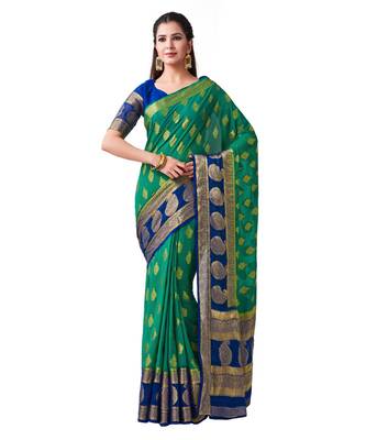 Green Woven Chiffon Saree With Blouse 1