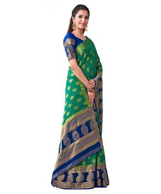 Green Woven Chiffon Saree With Blouse 2