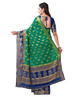 Green Woven Chiffon Saree With Blouse 3