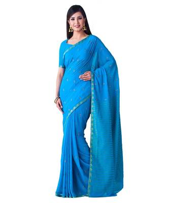 Blue Embroidered Chiffon Saree With Blouse 1