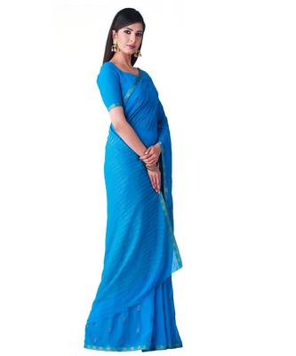 Blue Embroidered Chiffon Saree With Blouse 2