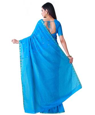 Blue Embroidered Chiffon Saree With Blouse 3