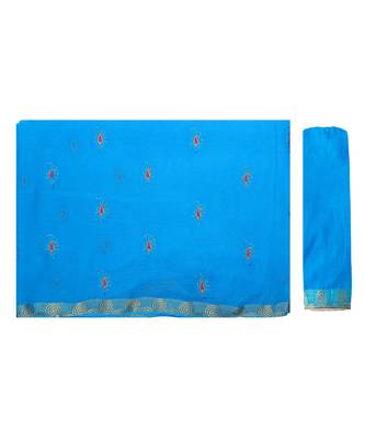 Blue Embroidered Chiffon Saree With Blouse 5