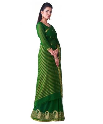 Green Embroidered Chiffon Saree With Blouse 2