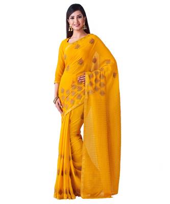 Mustard Embroidered Chiffon Saree With Blouse 1