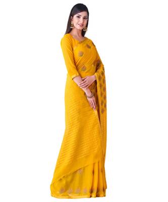 Mustard Embroidered Chiffon Saree With Blouse 2