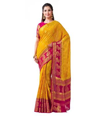 Mustard Woven Chiffon Saree With Blouse 1