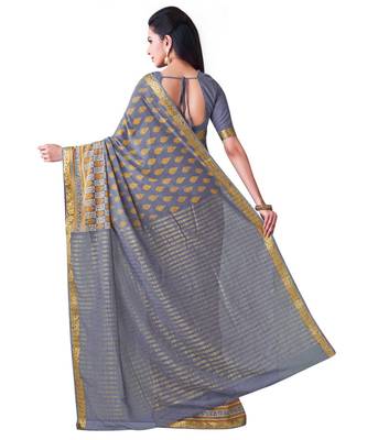 Grey Printed Chiffon Saree With Blouse 3
