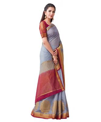 Grey Woven Linen Saree With Blouse 2