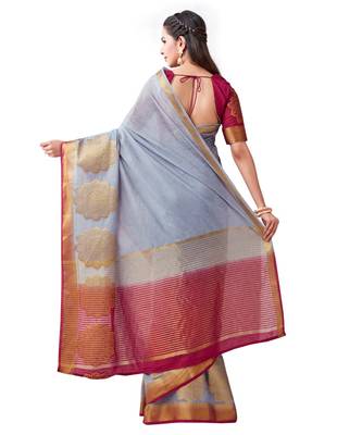 Grey Woven Linen Saree With Blouse 3