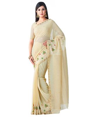 Beige Embroidered Chiffon Saree With Blouse 1