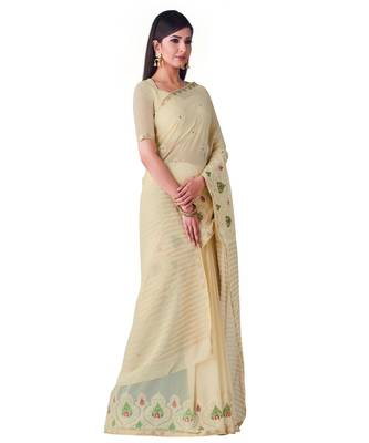 Beige Embroidered Chiffon Saree With Blouse 2