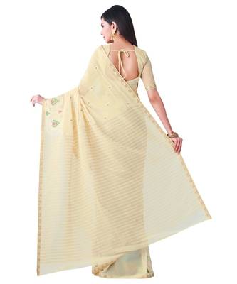 Beige Embroidered Chiffon Saree With Blouse 3