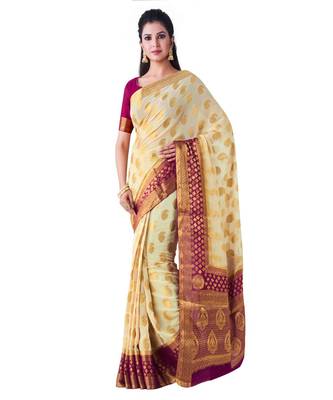 Beige Woven Chiffon Saree With Blouse 1