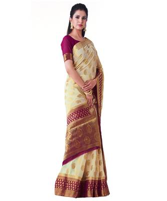 Beige Woven Chiffon Saree With Blouse 2