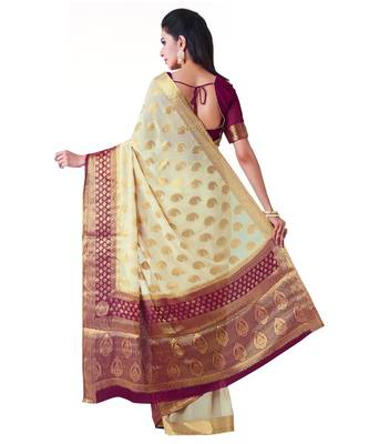 Beige Woven Chiffon Saree With Blouse 3
