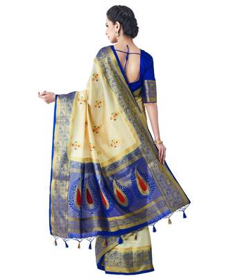 Beige Woven Art Silk Saree With Blouse 3