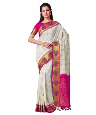 White Woven Art Silk Saree With Blouse 1