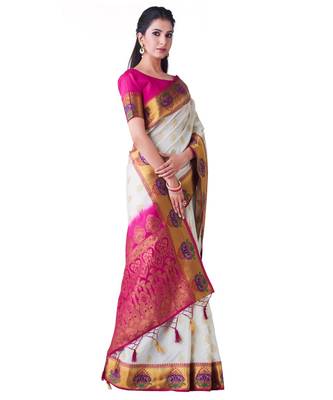 White Woven Art Silk Saree With Blouse 2