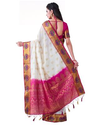 White Woven Art Silk Saree With Blouse 3