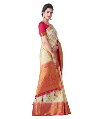 Beige Woven Art Silk Saree With Blouse 2