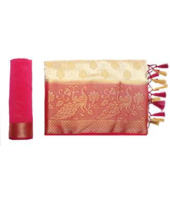 Beige Woven Art Silk Saree With Blouse 5