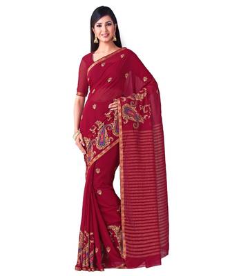 Maroon Embroidered Chiffon Saree With Blouse 1