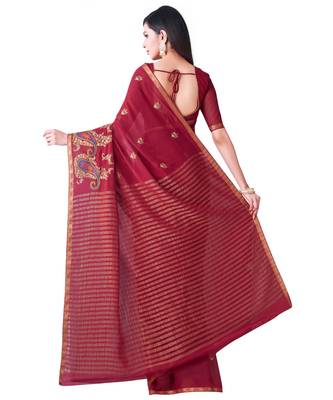 Maroon Embroidered Chiffon Saree With Blouse 3