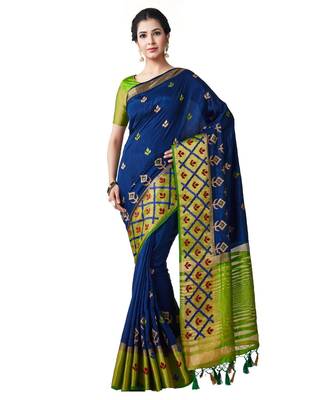 Blue Embroidered Tussar Silk Saree With Blouse 1