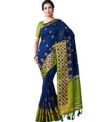 Blue Embroidered Tussar Silk Saree With Blouse